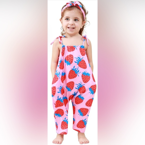 Baby Girls Romper Jumpsuit Summer Clothes Adjustable Tie-Up Strap with Pocket - Picture 3 of 3